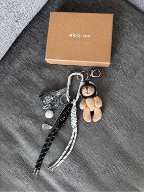 Fun exclusive set of Black, White & beige Keychain with Bear, Golf & Cord Charms